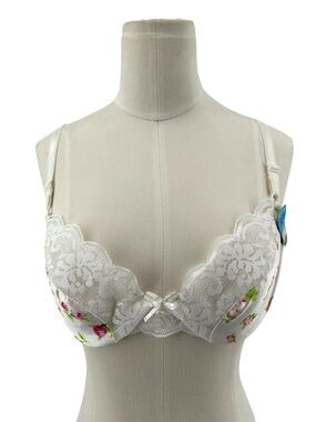 NWT Vtg 90s Maidenform White Rose Print Lace Trim Satin Chantilly Demi-Bra 34B